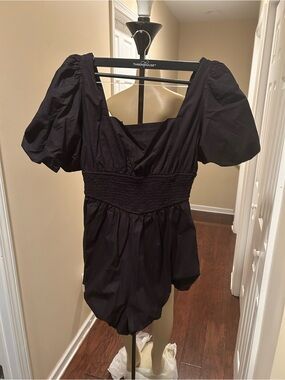 Marve anthology Black Puff Sleeve Smocked Waist Mini romper shorts